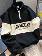 Retro American Stand-Collar Zipper Men'S Sweatshirt, Color-Block Letter Print, Thick Knit Fleece Fabric Soft And Skin-Friendly, Suitable for Daily Outings, Campus Wear, All-Season Wear, Casual Long-Sleeve Sweatshirt - Black Khaki