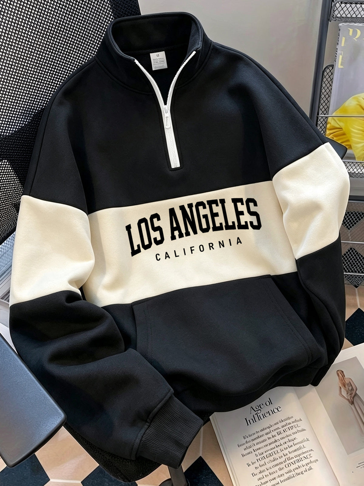 Retro American Stand-Collar Zipper Men'S Sweatshirt, Color-Block Letter Print, Thick Knit Fleece Fabric Soft And Skin-Friendly, Suitable for Daily Outings, Campus Wear, All-Season Wear, Casual Long-Sleeve Sweatshirt - Black Khaki