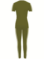 Women'S Casual Two-Piece Set with Round Neck And Short Sleeves Featuring Printed Letters - Army Green