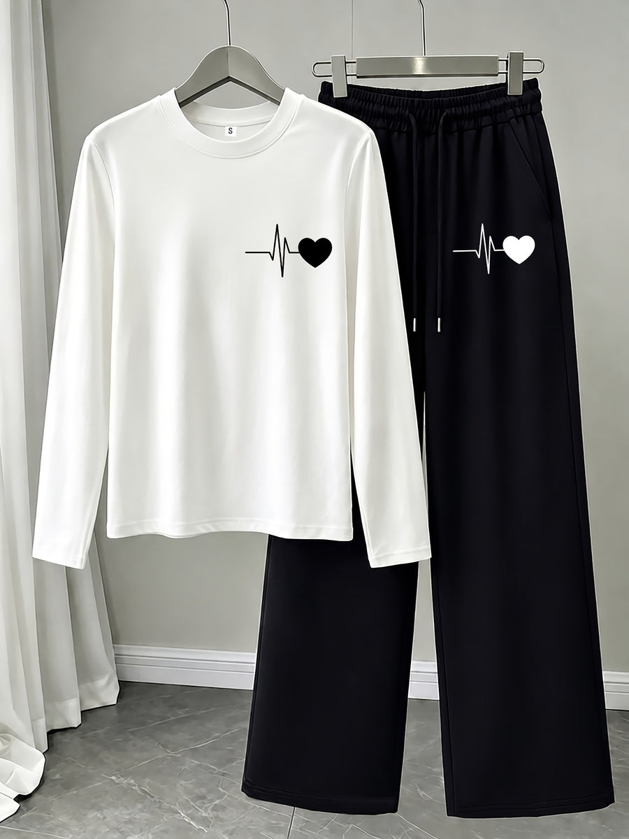 Heartbeat ECG Heart Pattern Print, American Vintage Korean-Style Relaxed Fit Women's Loose Crew Neck Long Sleeve Top and Drawstring Straight-Leg Wide-Leg Pants 2pcs Set, Simple Casual Sportswear, and Flattering on All Body Types, Versatile for All - White+black
