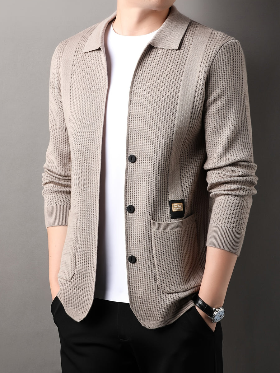 Men's Air-Layer Jacquard Cardigan -Front Lapel - Warm Winter Outerwear Suitable for Fall/Winter, Casual -Front Door Collar, Hand Washable Solid Color Blazer - Camel