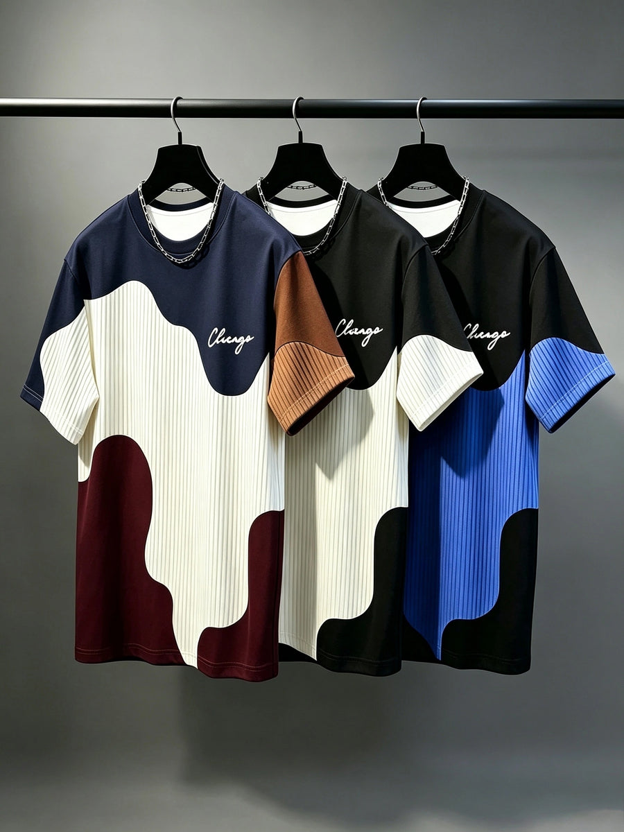 3pcs Set - Men'S Casual Round Neck T-Shirts, Geometric Pattern Patchwork Striped Design, Drapey Fashion Top, All-Season Wear, Regular Fit for Casual And Formal Outfits - Round Neck Casual Top, Comfortable Wear, Gift for Teens And Adults - Mixed colors