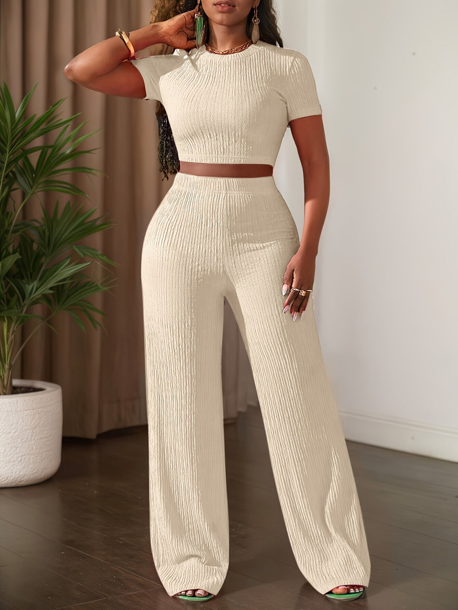 2025 New Solid Color Short Sleeve Top And Wide Leg Pants Casual Set - Apricot