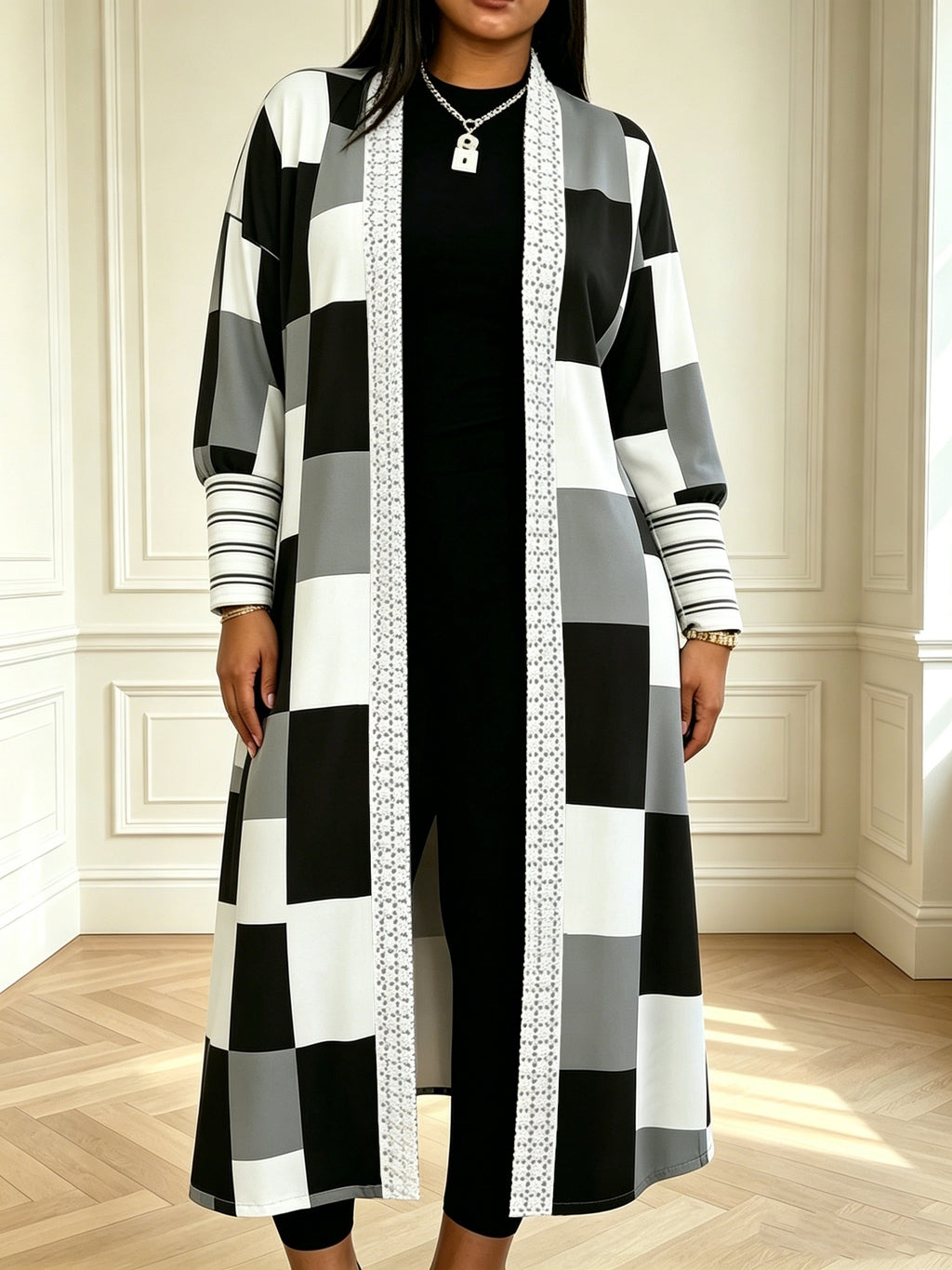 Autumn/Winter Color-Block Plaid Long Cardigan, Fashionable Commuter Elegant Casual Jacket for Women - Multicolor