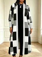 Autumn/Winter Color-Block Plaid Long Cardigan, Fashionable Commuter Elegant Casual Jacket for Women - Multicolor