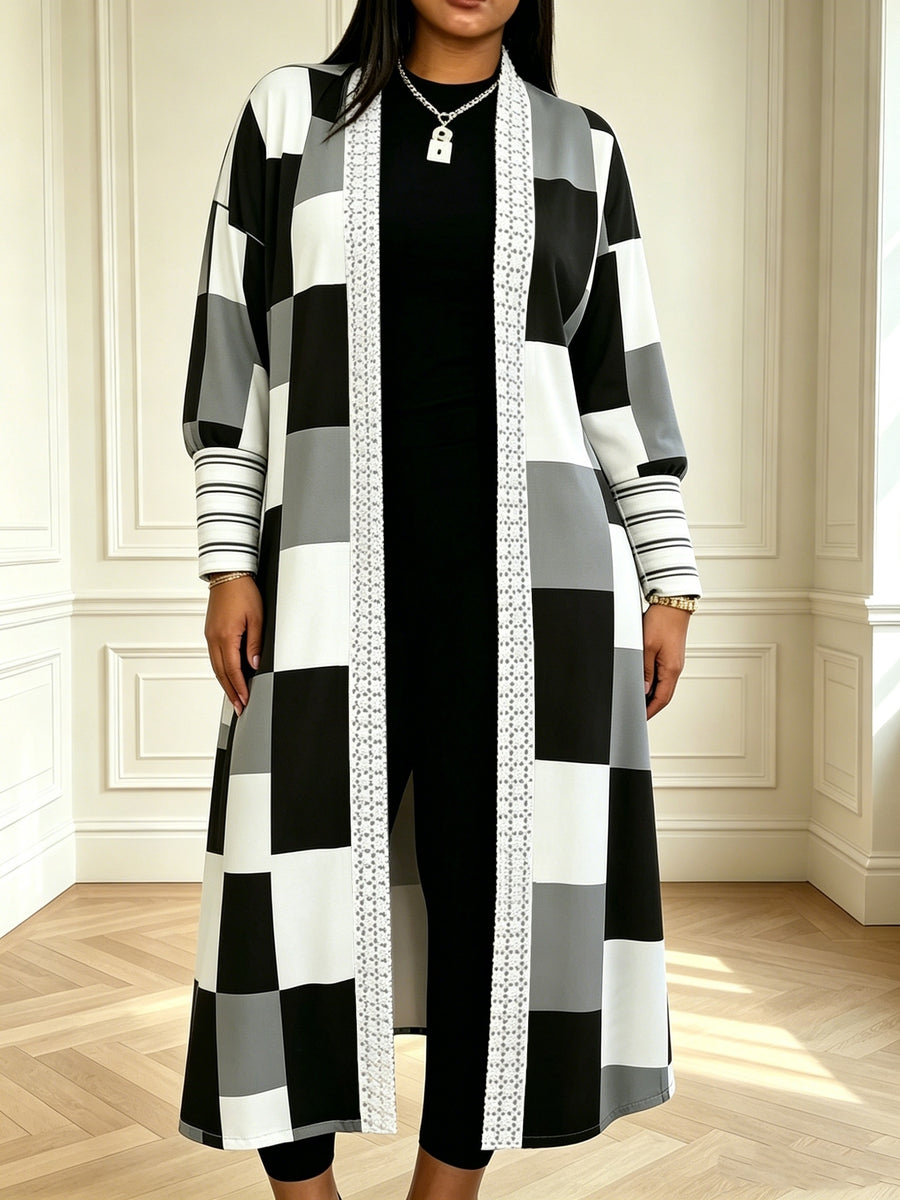 Autumn/Winter Color-Block Plaid Long Cardigan, Fashionable Commuter Elegant Casual Jacket for Women - Multicolor