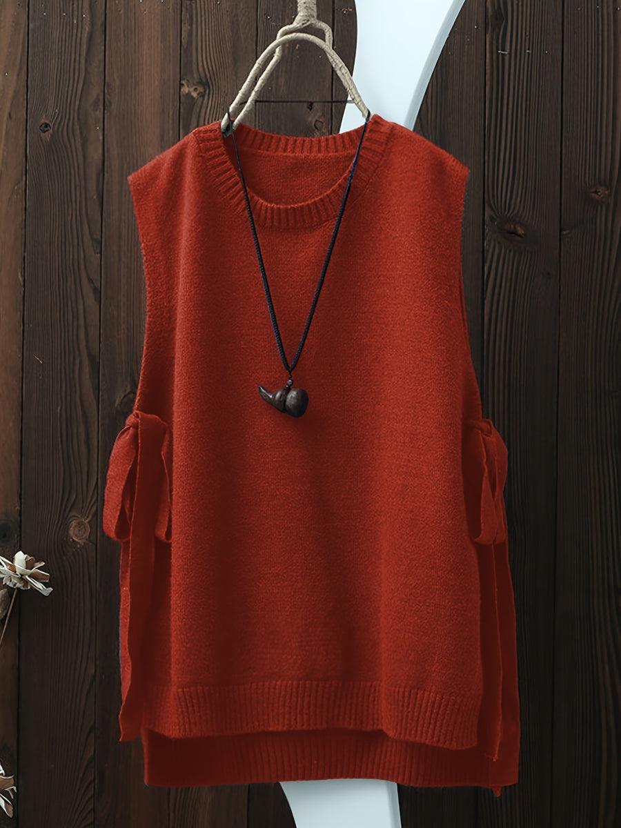 Women'S Spring Autumn Casual Fashion Niche Chic Vintage Easy Solid Round Neck Vest Sleeveless Side Slit Tie-Up Short Front Long Back Design Temperament Daily Versatile Quality Premium Gentle Elegant Loose Lazy Style Outerwear Sleeveless Camisole Top - Brick Red