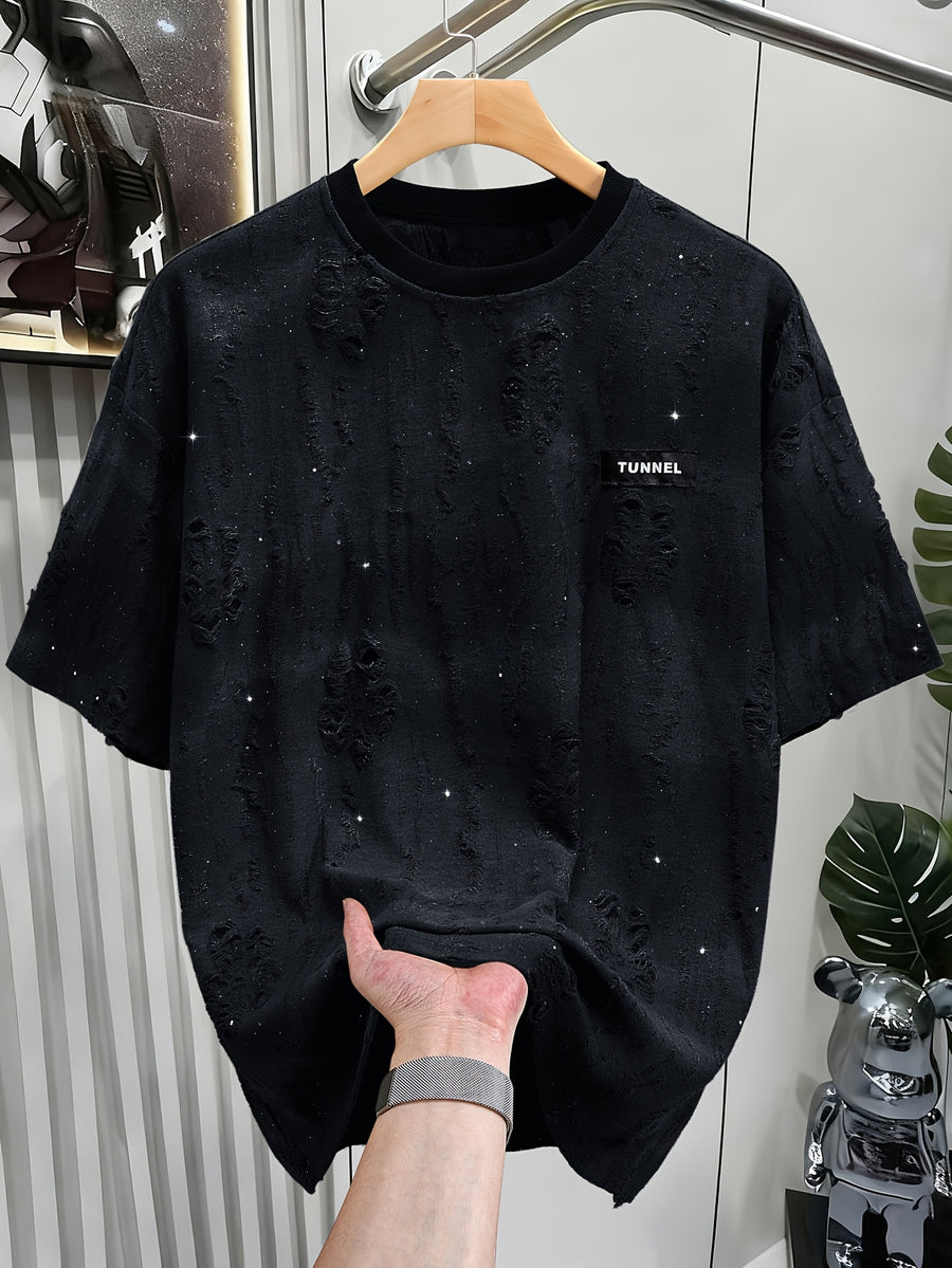 Textured Short Sleeve T-Shirt Black TUNNEL Letter Print Casual Street Style - Space Black