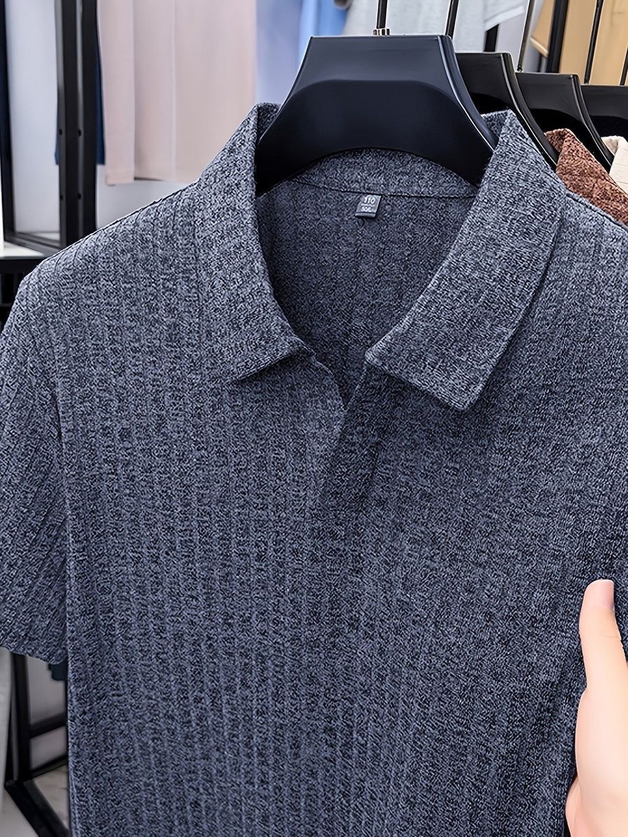 Old Money Aesthetic Vertical Ribbed Polo Sweater, Solid Color No-Button V-Neck Design, Commute Business/Casual Gathering Multi-Scene Short Sleeve Top, Light Athletic Non-Pick Body Men'S Top, Knit - Business Youth