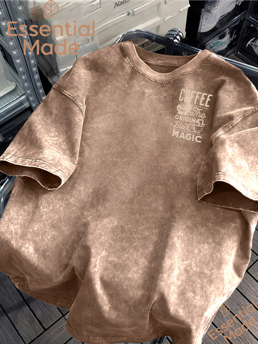 American High Street COFFEE Coffee Bean Cafe Themed Letter Print Distressed Washed Short-Sleeve T-Shirt - Loose Fit Casual American Vintage Style Men's Washed T-Shirt Casual Top - Brown 1