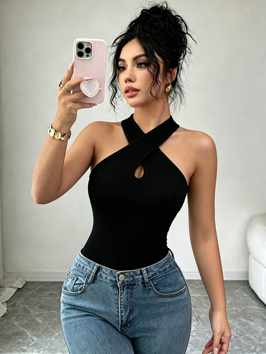 Women's Sexy Hot Style Bodysuit, Criss-Cross Halter Neck Cut-Out Slim Fit Jumpsuit, Suitable for Spring/Summer Dates and Parties - Black