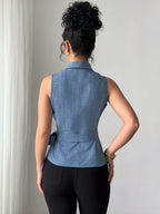 Tie-Front Sleeveless Shawl Collar Shirt, Casual Vacation Top - Sea Blue