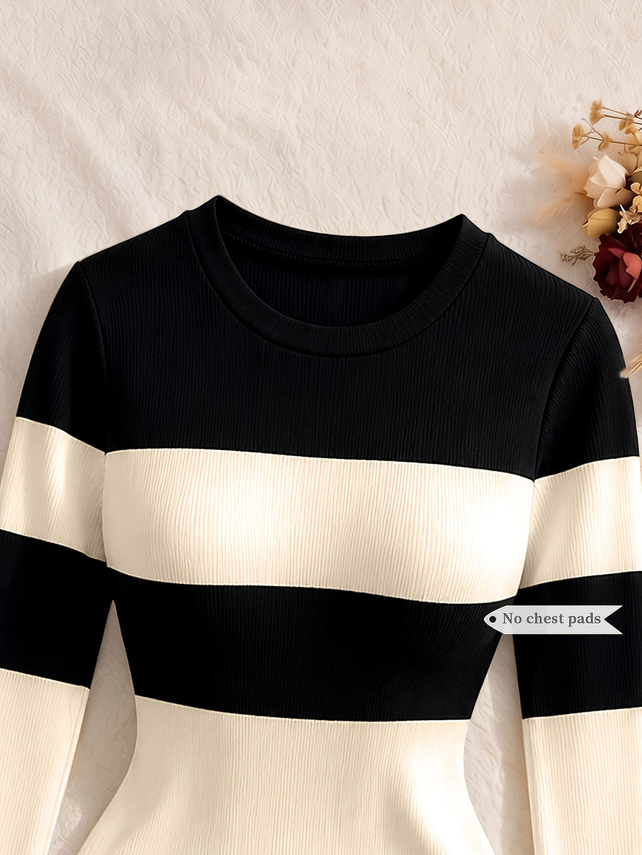 Spring Autumn Striped Long Sleeve Jumpsuit Women'S Niche Easy Color-Block Patchwork Long Sleeve Jumpsuit Fitted Round Neck Tight Jumpsuit Elastic Skin-Fit Inner Top - Apricot Spell Black