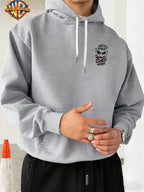 Licensed by Warner Bros., Trendy Cool Dark Distressed Joker Head, Classic Quote Slogan Bat Silhouette Street Retro Graffiti Trendy Cool Print Men'S Fashion Hooded Sweatshirt, Sleeve Print Design, Kangaroo Pocket, Drawstring Hood - Light Grey
