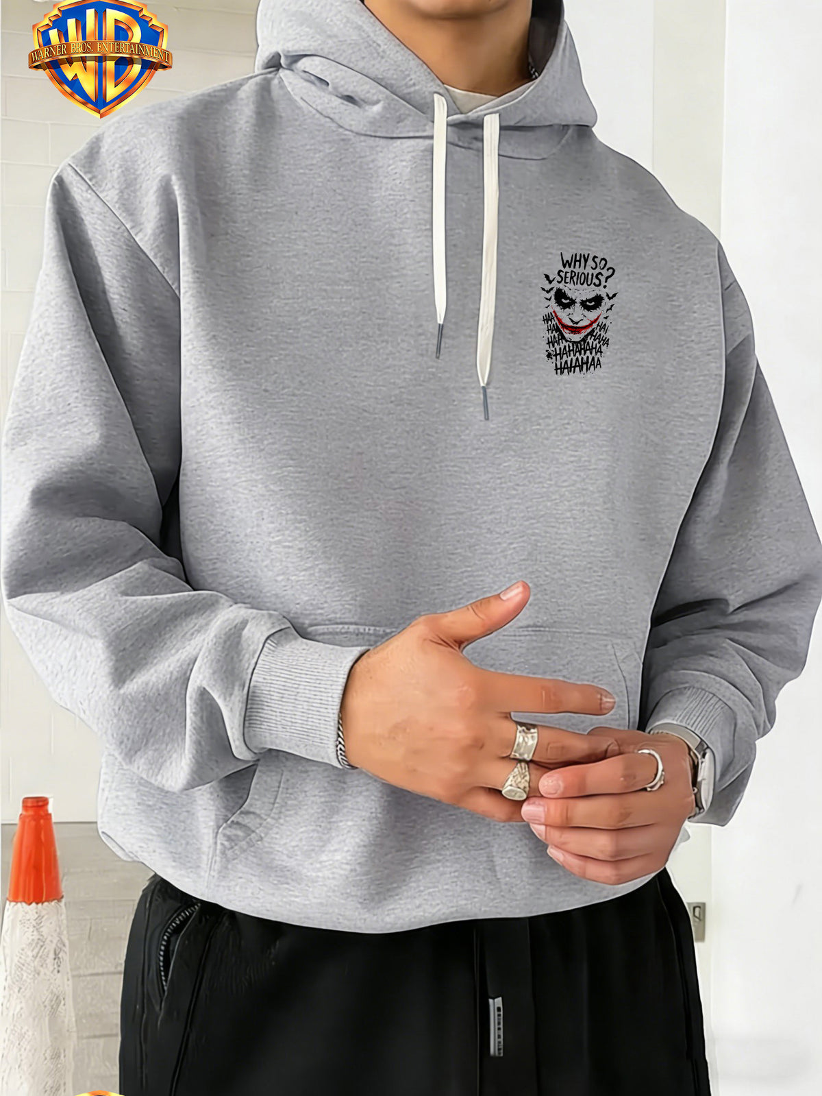 Licensed by Warner Bros., Trendy Cool Dark Distressed Joker Head, Classic Quote Slogan Bat Silhouette Street Retro Graffiti Trendy Cool Print Men'S Fashion Hooded Sweatshirt, Sleeve Print Design, Kangaroo Pocket, Drawstring Hood - Light Grey