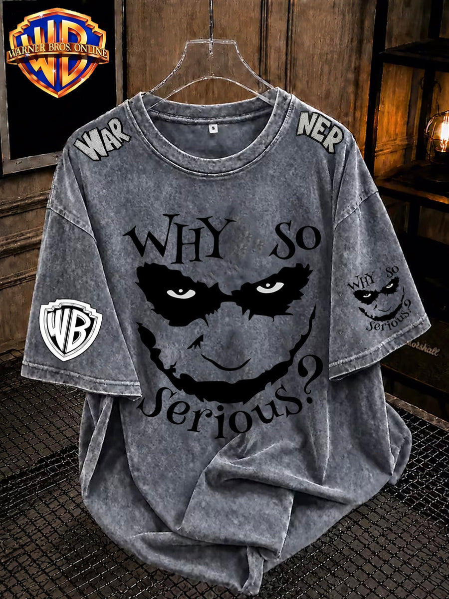 [Warner Bros] 100% Men'S Short Sleeve, Classic Joker "Why So Serious?" Print Design, Fashionable Loose Breathable T-Shirt, Men'S Summer Street Distressed Tee, Trendy Retro T-Shirt for Daily Wear, Men'S Fashionable Individual Print - Grey