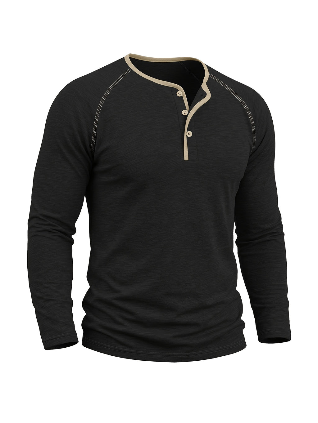 Autumn/Winter Cross-Border Men's Long Sleeve Crew Neck Henley Shirt, European and American Style Men's Pullover Base Layer T-Shirt - Black