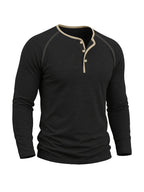 Autumn/Winter Cross-Border Men's Long Sleeve Crew Neck Henley Shirt, European and American Style Men's Pullover Base Layer T-Shirt - Black