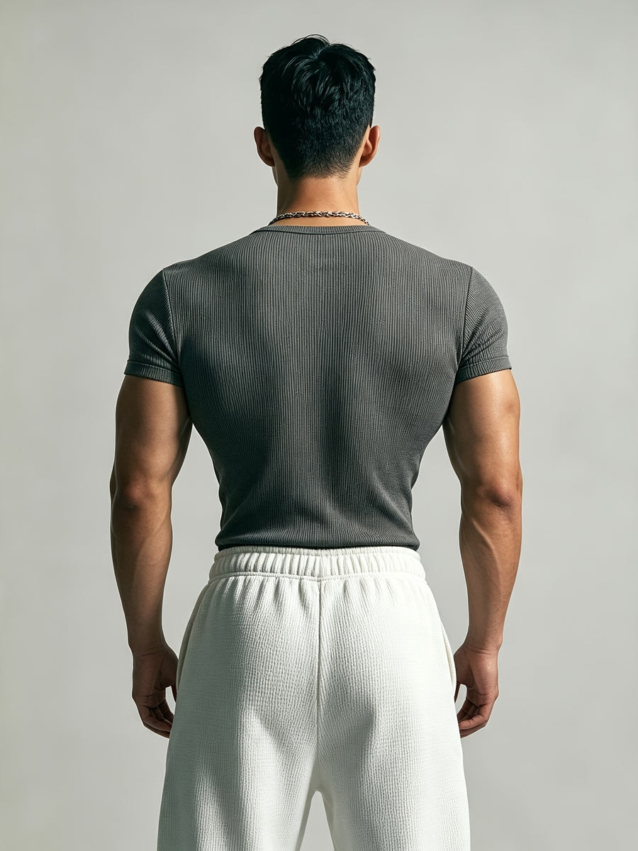 Men's Slim-Fit Henley Neck Knit Short-Sleeve T-Shirt. High-stretch Ribbed Fabric Accentuates Muscle Definition, Breathable and Sweat-wicking for a Non-stuffy Feel. Suitable for Multiple Occasions Including Fitness Training, Daily Commutes, Spring - Dark Gray