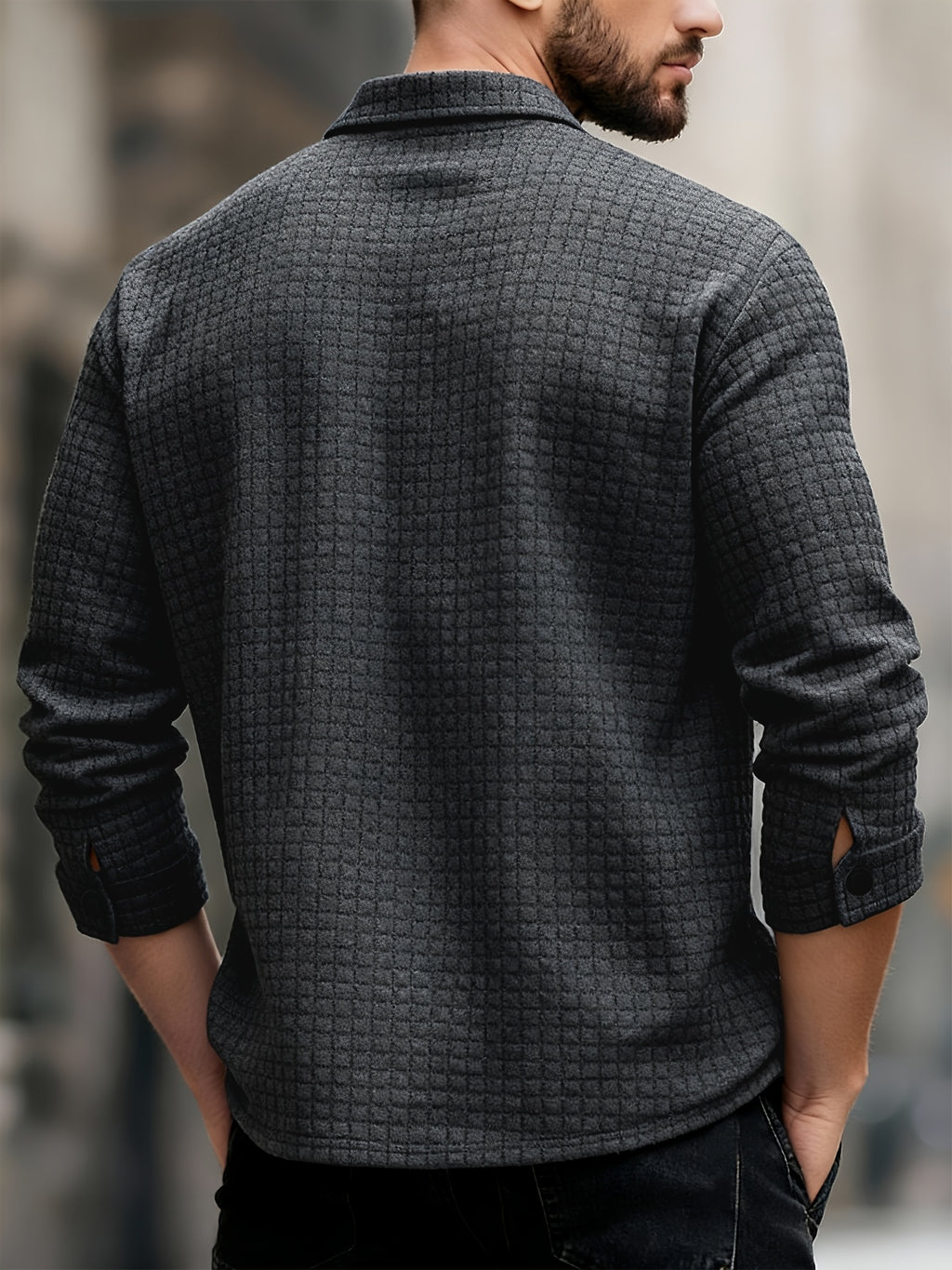Men's Casual Solid-color Long-sleeve Shirt, Made of Comfortable Waffle-knit Fabric, Featuring a Double Chest Pocket Design, Front Button Placket, and a Loose-fit Lapel Open-front Cardigan Top, Suitable for Daily Wear and Commuting in Spring - Dark Gray