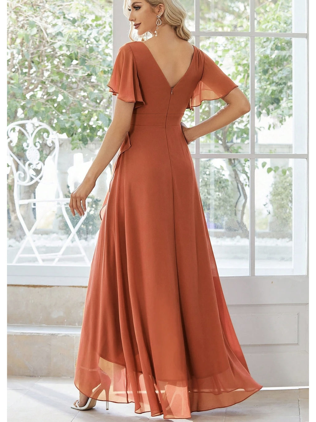 ZD1031002 Elegant V-Neck Flounce Sleeve Asymmetrical Slit Maxi Dress with Waist-Defining Drape, Bridesmaid Wedding Dress Evening Gown - Brick Red