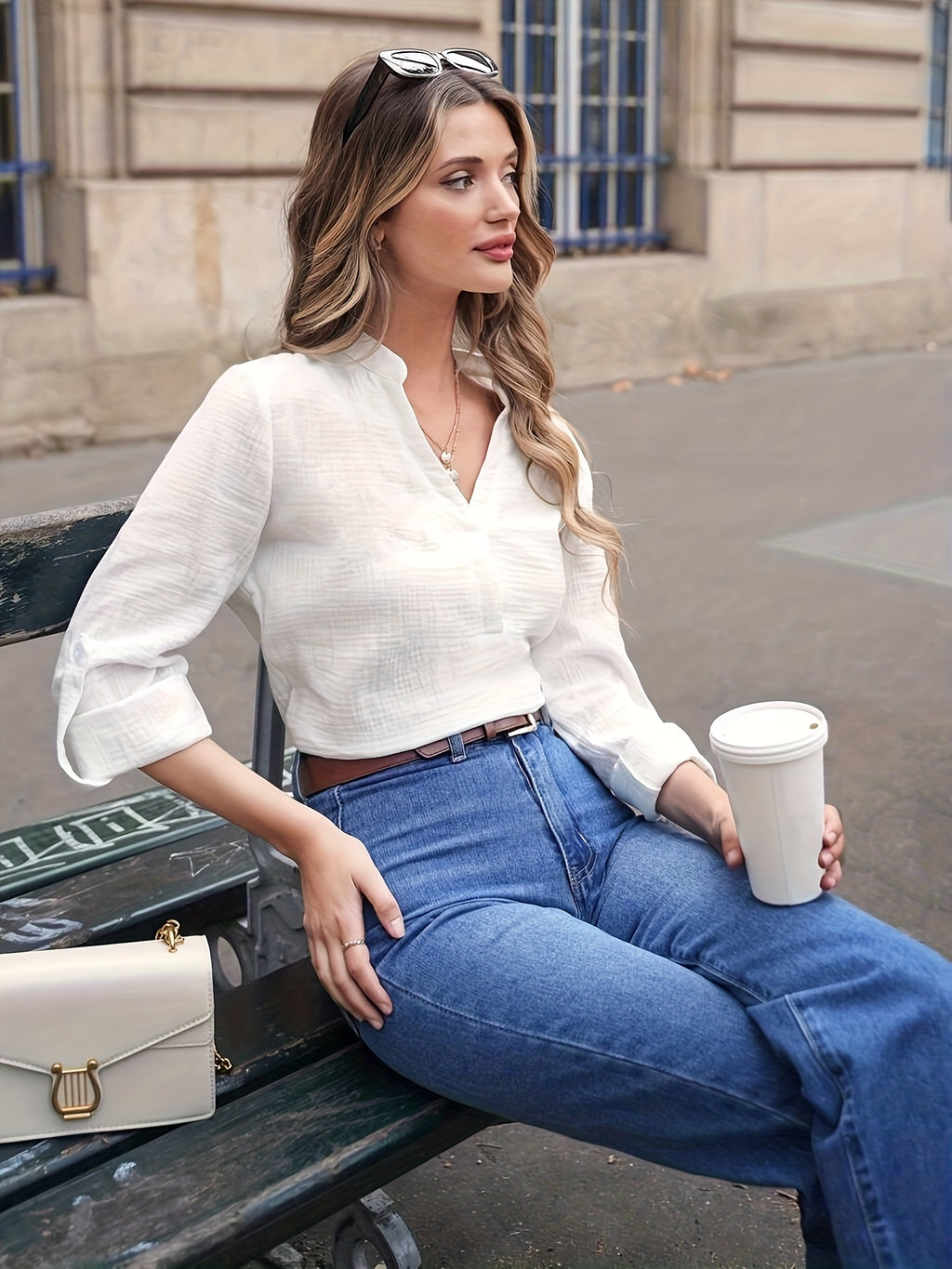 ZD0918010 Autumn Solid Neck Roll Comfortable Breathable Long-Sleeved Shirt - White