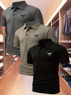 3pcs Value Pc, Summer Short-sleeve Polo Shirt! New Jacquard Fabric, Quick-drying, Lightweight and Breathable, Easy to Wash and Dry Quickly. Men's Color-blocked Cool and Comfortable Polo Shirt with Lapel, for Sports and Casual Wear. Men's Short-sleeve - Gray Card Black