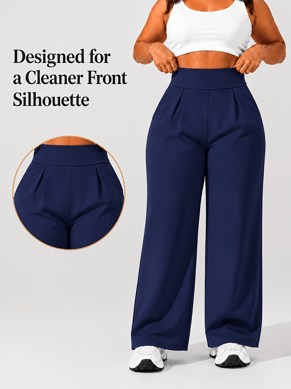 Plus Size Women'S High-Waist Wide-Leg for yoga Pants 0XL-4XL Tummy Control Non-Roll Non-Digging Front Pleated Deep Side Pockets Double-Sided Super Soft 4-Way Stretch Casual Sports Trousers for Yoga Gym Outdoor Work All Seasons - Navy Color