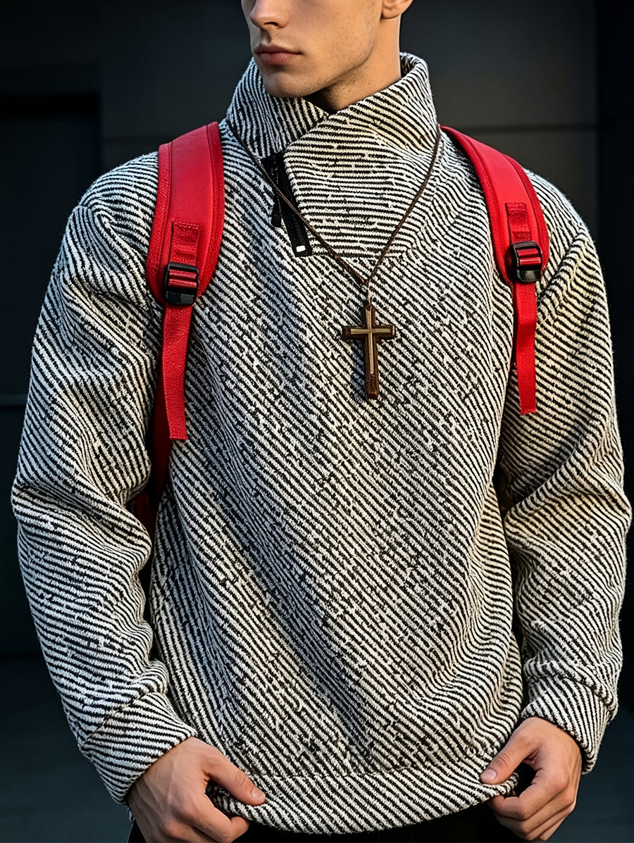 Men's Sweatshirt, Classic Elegant Style, Diagonal Zipper, Stand-Up Collar, Long Sleeve, Spring/Autumn Streetwear, Stylish and Thickened Heavyweight Men's Top Winter Clothes for Men - White