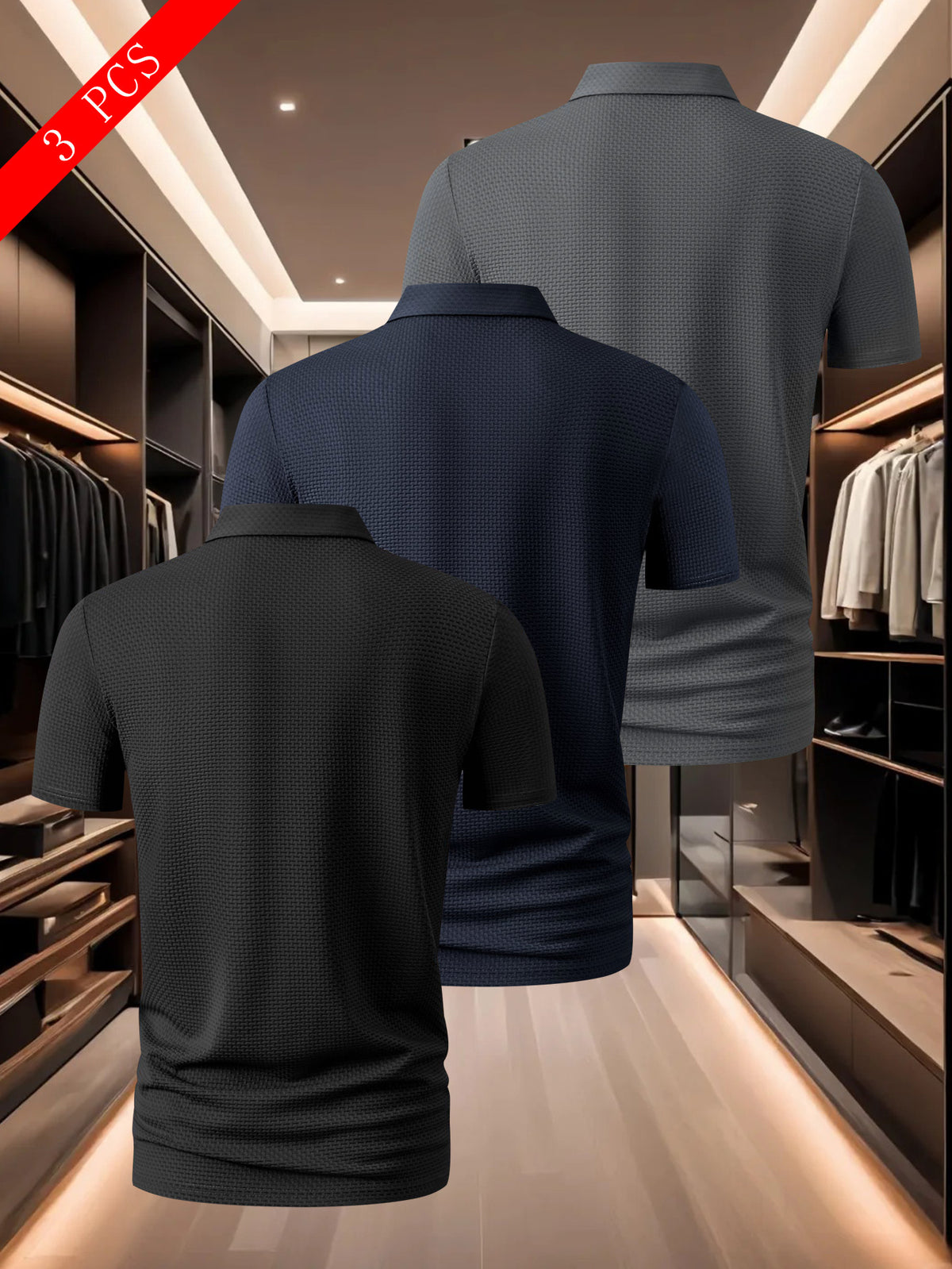 3pcs Men's Classic Polo Shirt Set, Casual and Comfortable Stretch Lapel Button- Short-sleeve Shirt, Suitable for Outdoor Sports and Leisure, Made of Breathable, Comfortable, and Elastic Fabric - Black+Navy+Dark Gray
