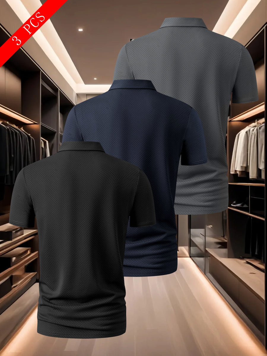3pcs Men's Classic Polo Shirt Set, Casual and Comfortable Stretch Lapel Button- Short-sleeve Shirt, Suitable for Outdoor Sports and Leisure, Made of Breathable, Comfortable, and Elastic Fabric - Black+Navy+Dark Gray