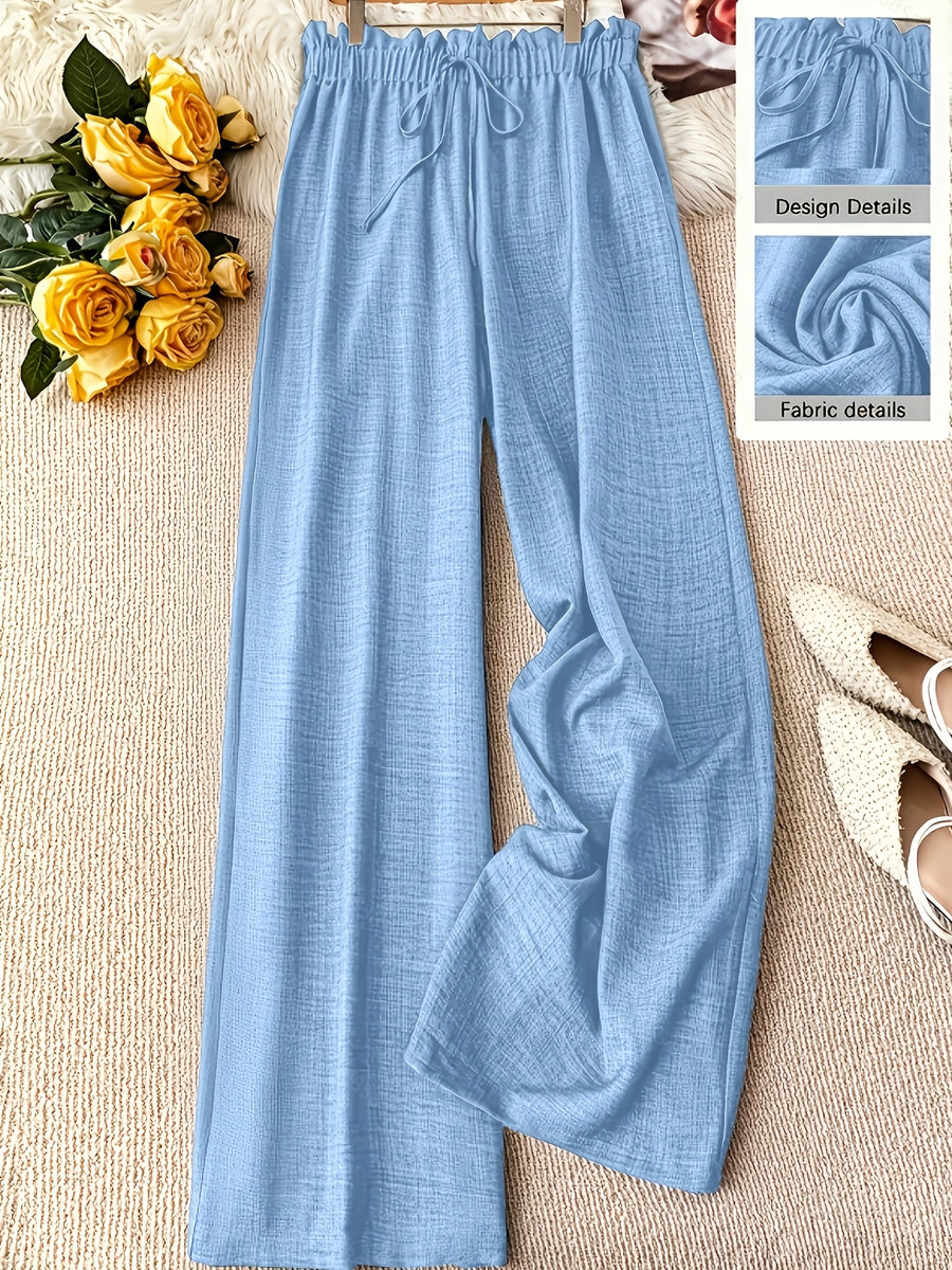 Women's Elegant Solid Color Faux Drawstring Waist Comfortable Long Pants - Sky Blue