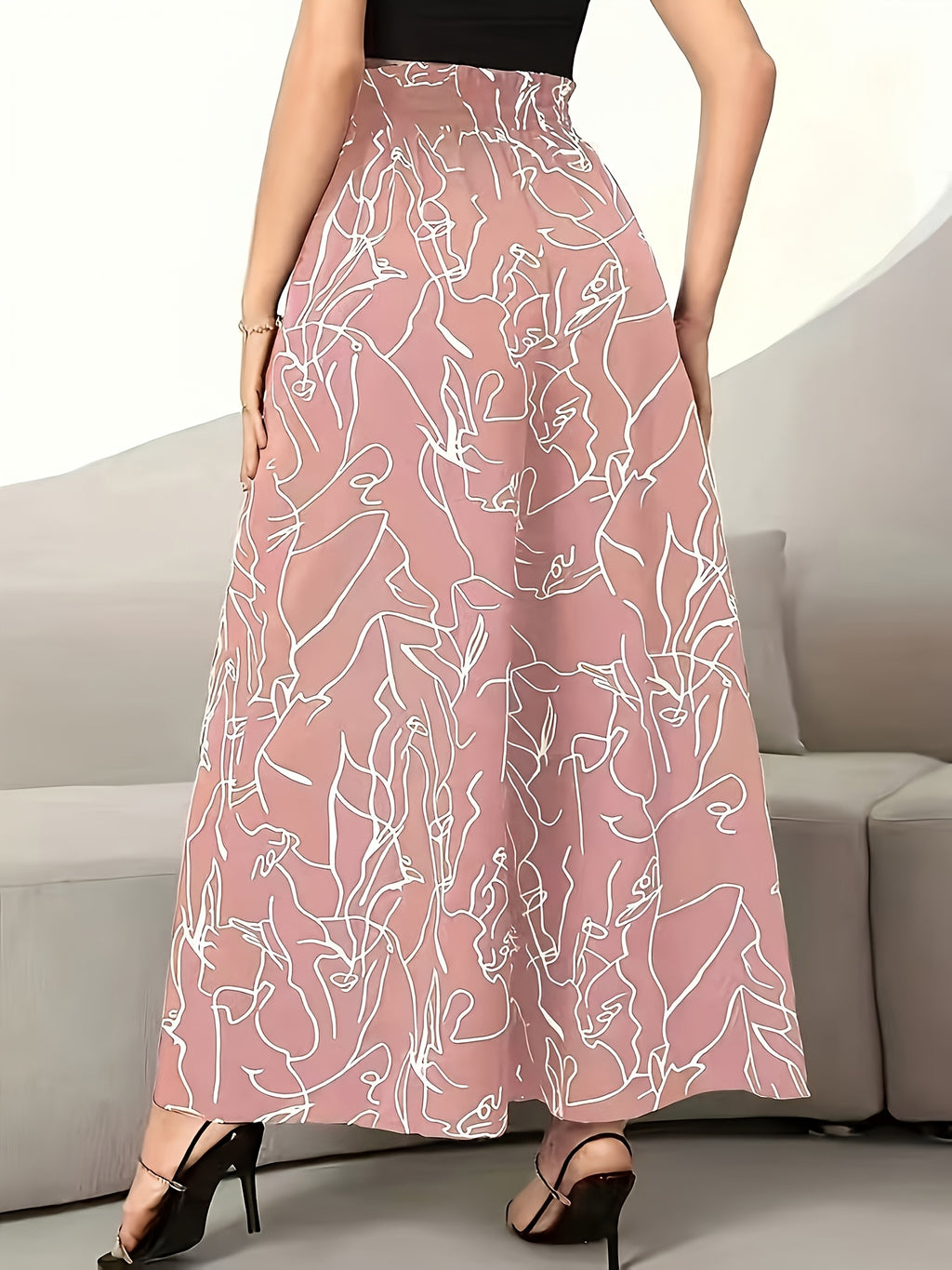 Women's Elegant Wide-Leg Pants - High Waist, Abstract Print, Machine Washable - Suitable for Spring/Summer Fashion, Casual Elegance | Wide-Leg Pants | Elastic Waistband - Pale Pinkish Gray