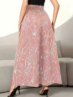 Women's Elegant Wide-Leg Pants - High Waist, Abstract Print, Machine Washable - Suitable for Spring/Summer Fashion, Casual Elegance | Wide-Leg Pants | Elastic Waistband - Pale Pinkish Gray