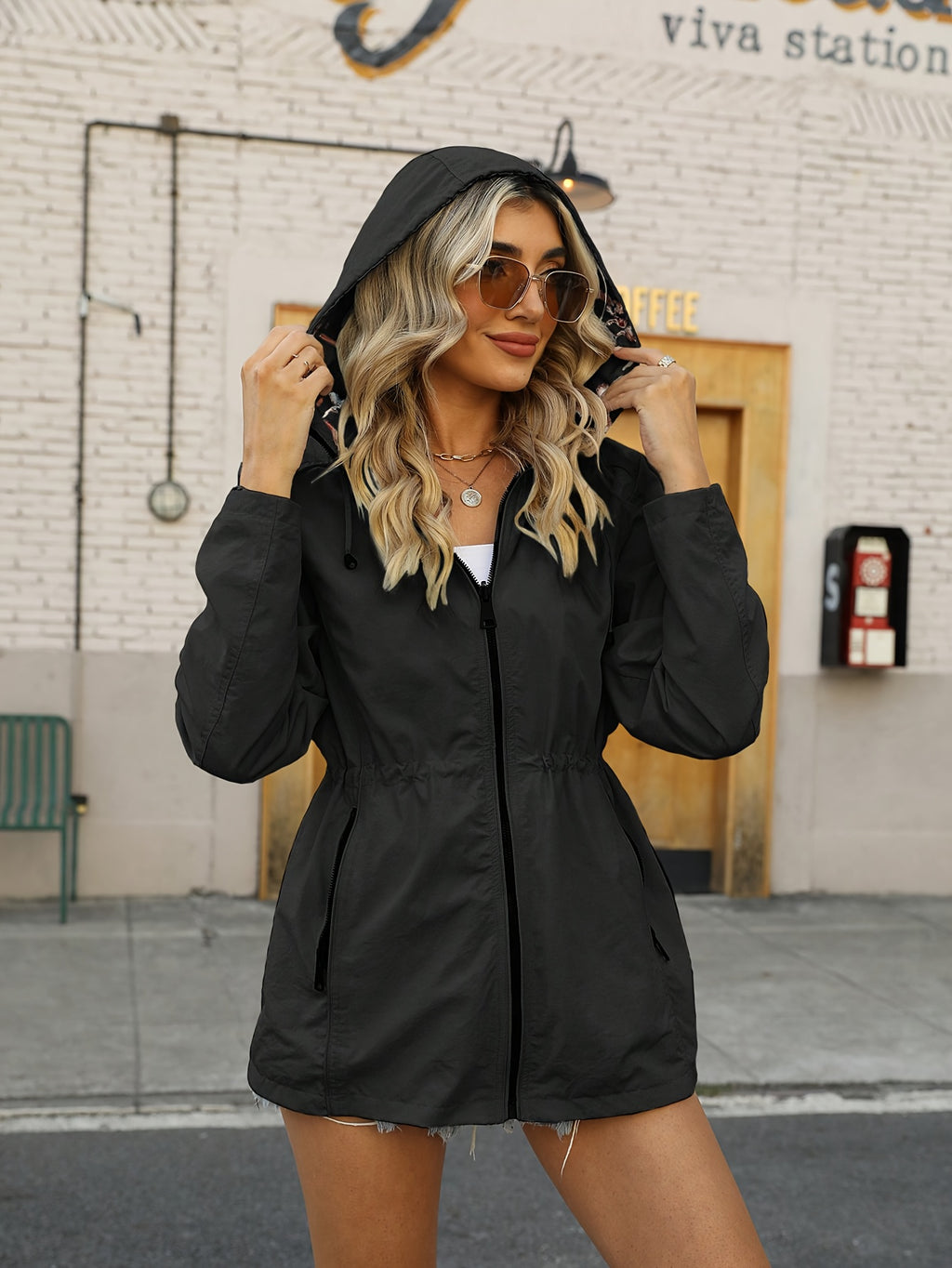 Double-Sided Jacket Women'S Spring And Autumn, Two-Sided Wear, Casual Hooded Jacket, Versatile Lightweight Print (Wash Label Size Label Inside Pocket) - Black