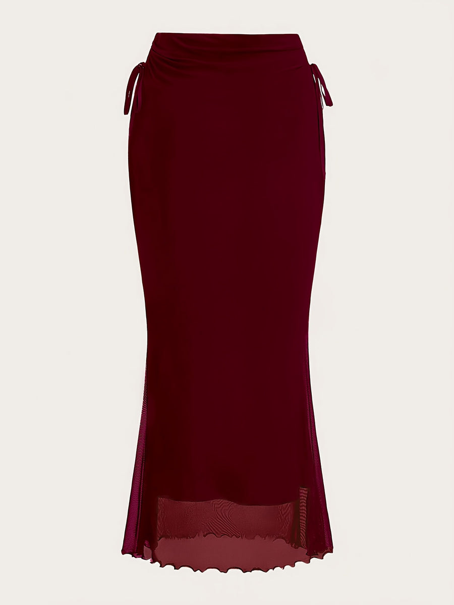 Women's Drawstring Mesh Midi Skirt - Burgundy