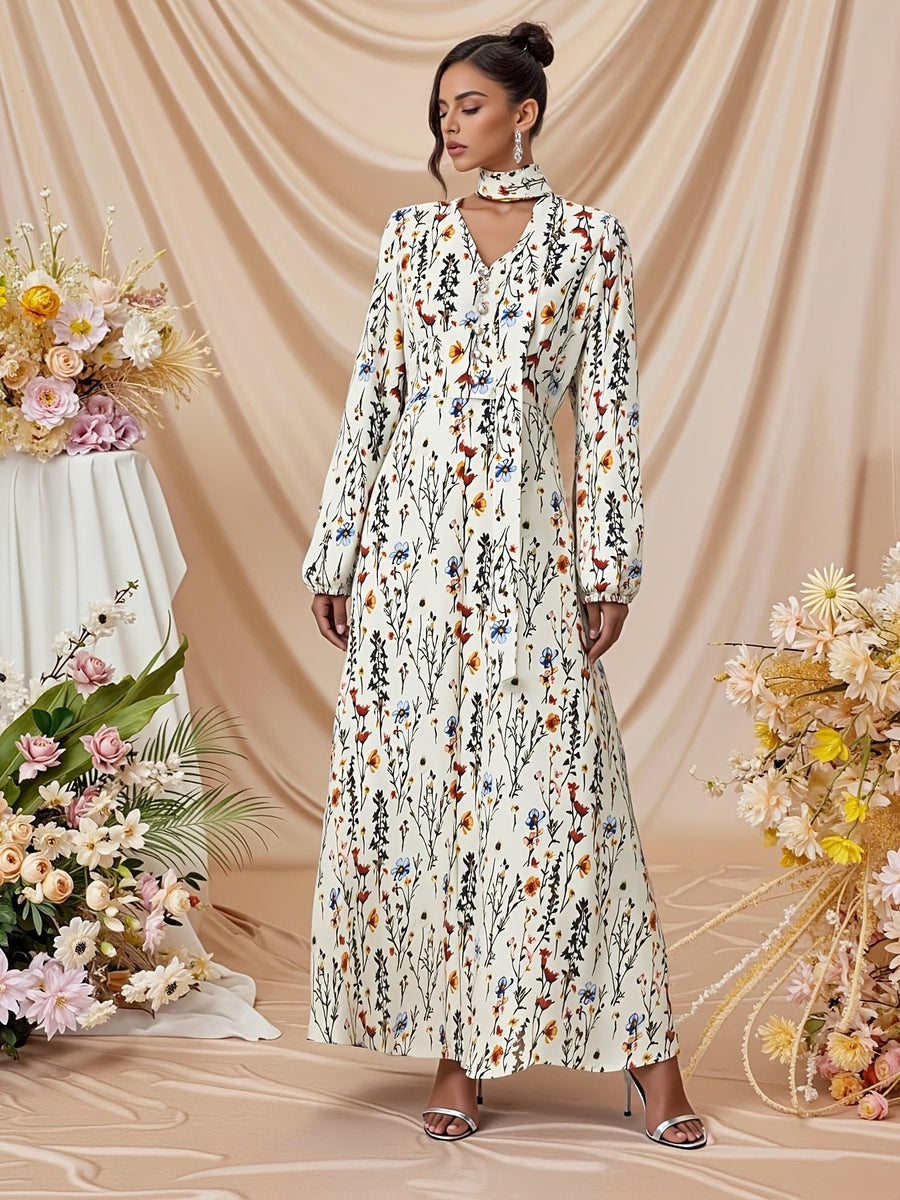 Women's Elegant V-Neck Ribbon Detail Floral Vacation Dress, Slim Fit Maxi Dress, Suitable for Vacations, Outings, Wedding Guests, Dinner Parties, and Holiday Wear - Apricot