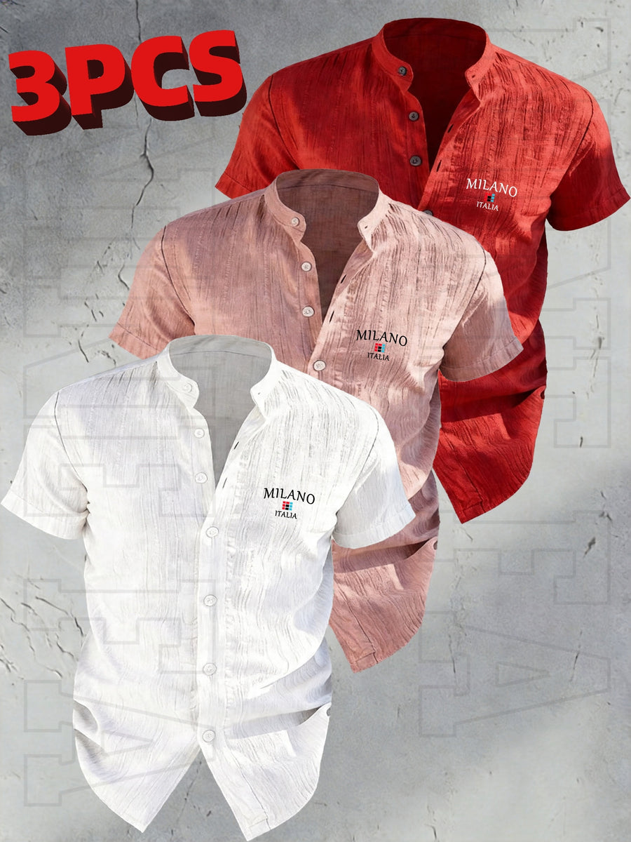 Josh Rose OBOM | Lightweight and Breathable Solid-color Button- Shirt with Geometric Pattern, Featuring a Simple Stand-up Collar Design. Suitable for Beach Vacations, Pool Parties, and Casual Wear. Comfortable and Simple for Daily Outings - White+rose+red