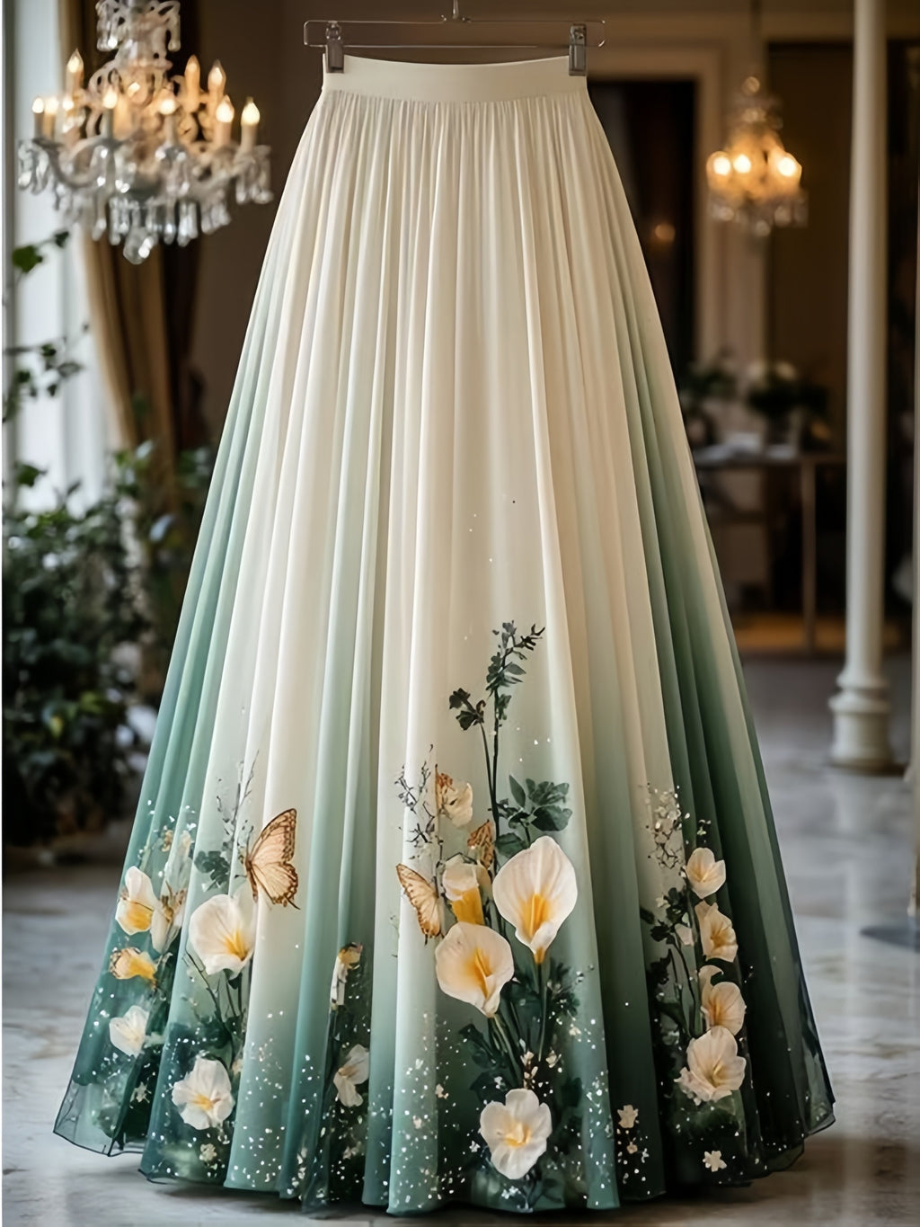 Women'S Premium Feel Printed Mid-Length A-Line Skirt with Tiered Tulle Hem, Suitable for Formal And Semi-Formal Evening Weddings Guest Parties Dresses, All-Season Wear - Green