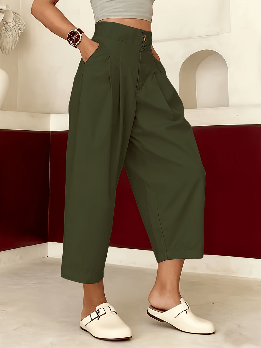 Women'S Casual Solid High-Waist Capri Pants - Comfortable Elastic Waist, Pocketed Perfect for Spring And Fall - Olive Green