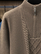Men'S Thickened Semi-Open Zipper Stand Collar Knit Sweater, Ribbed Cuffs And Hem, Autumn/Winter Style, Single Wear And Layering, Light Mature Business Casual Style - Coffee Color