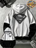 Autumn Winter New Men'S Striped Long Sleeve Hooded Sweatshirt, DC Superman Hand-Drawn Sketch Line American Trendy Cool Retro Print, Outdoor Sweatshirt, Color-Block Design Fashion Street Trendy Sweatshirt, Casual Daily Wear, Trendy Fashion, Unisex - Black With Light Gray