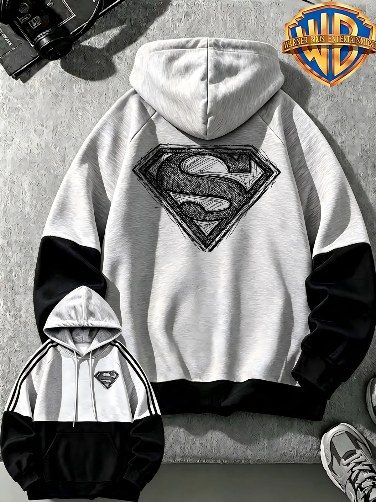 Autumn Winter New Men'S Striped Long Sleeve Hooded Sweatshirt, DC Superman Hand-Drawn Sketch Line American Trendy Cool Retro Print, Outdoor Sweatshirt, Color-Block Design Fashion Street Trendy Sweatshirt, Casual Daily Wear, Trendy Fashion, Unisex - Black With Light Gray