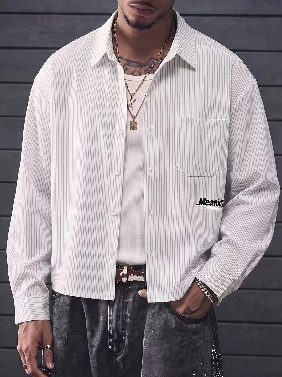 Men's Striped Long-Sleeve Shirt with Letter Iron-On Print, Trendy and Fashionable, Light Business Casual, Simple Four-Season Style, Short and Long-Sleeve Shirt - White
