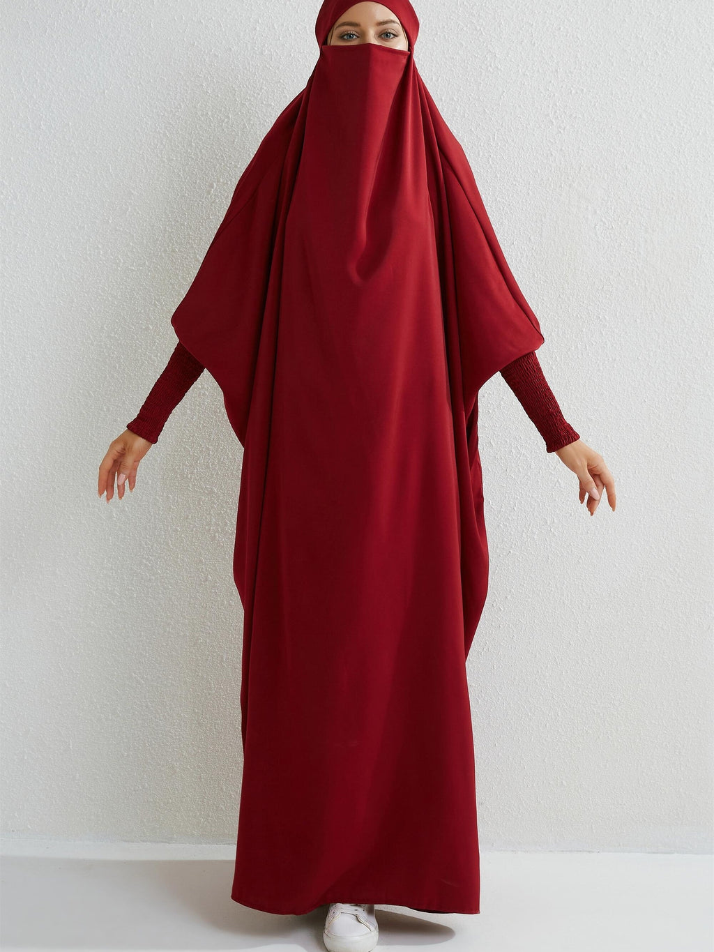 Islamic Attire for Women Featuring a Hooded Jilbab with Smocking Sleeves, Designed for Prayer, Suitable for Modesty in Dubai And Saudi Arabia, Available in Black - Burgundy