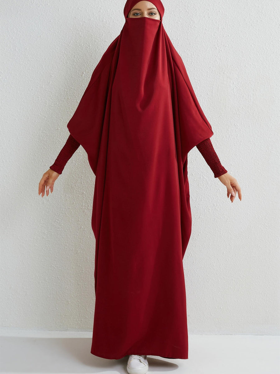 Islamic Attire for Women Featuring a Hooded Jilbab with Smocking Sleeves, Designed for Prayer, Suitable for Modesty in Dubai And Saudi Arabia, Available in Black - Burgundy