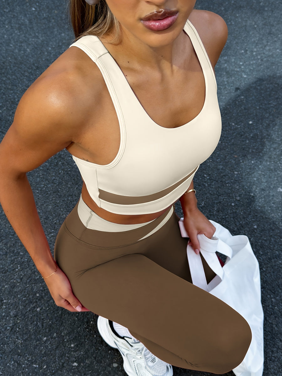 Women's 2pcs Set: Color-Block Bra and High-Waist Leggings, Street Style with an Instagram Vibe, Suitable for Daily Wear and Casual Gatherings. Recommended to Size Up. - White And Brown
