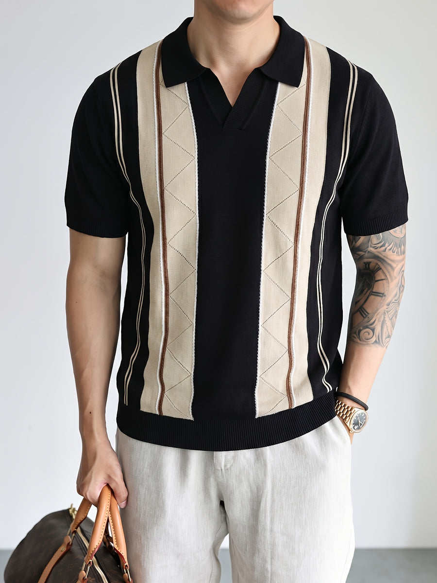 Men's Breathable Knit Short Sleeve Shirt - Vertical Stripe Color Block V-Neck Lapel Collar, Sheer Yet Opaque Mesh Golf & Business Casual Suitable for Golfing, Office, Semi-Formal Wear - Machine Washable Year-Round Versatile Top - Black