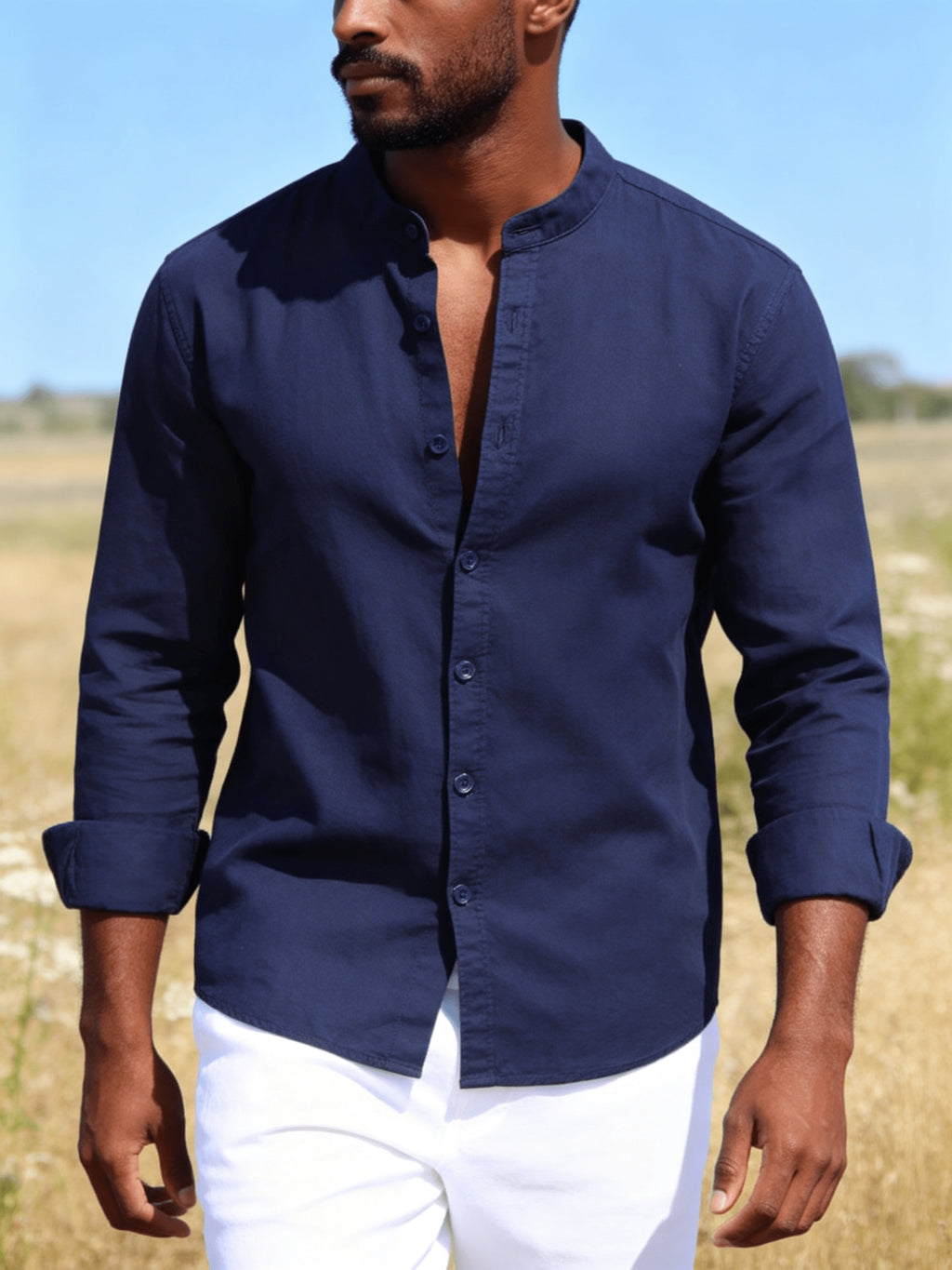 26-Year-Old Men'S New Small Stand-Up Collar Long-Sleeve Shirt, Classic Solid Colors And Multi-Colors Available. Soft, Breathable, Loose Fit for Men, Versatile Shirt for Daily Leisure - Navy Color