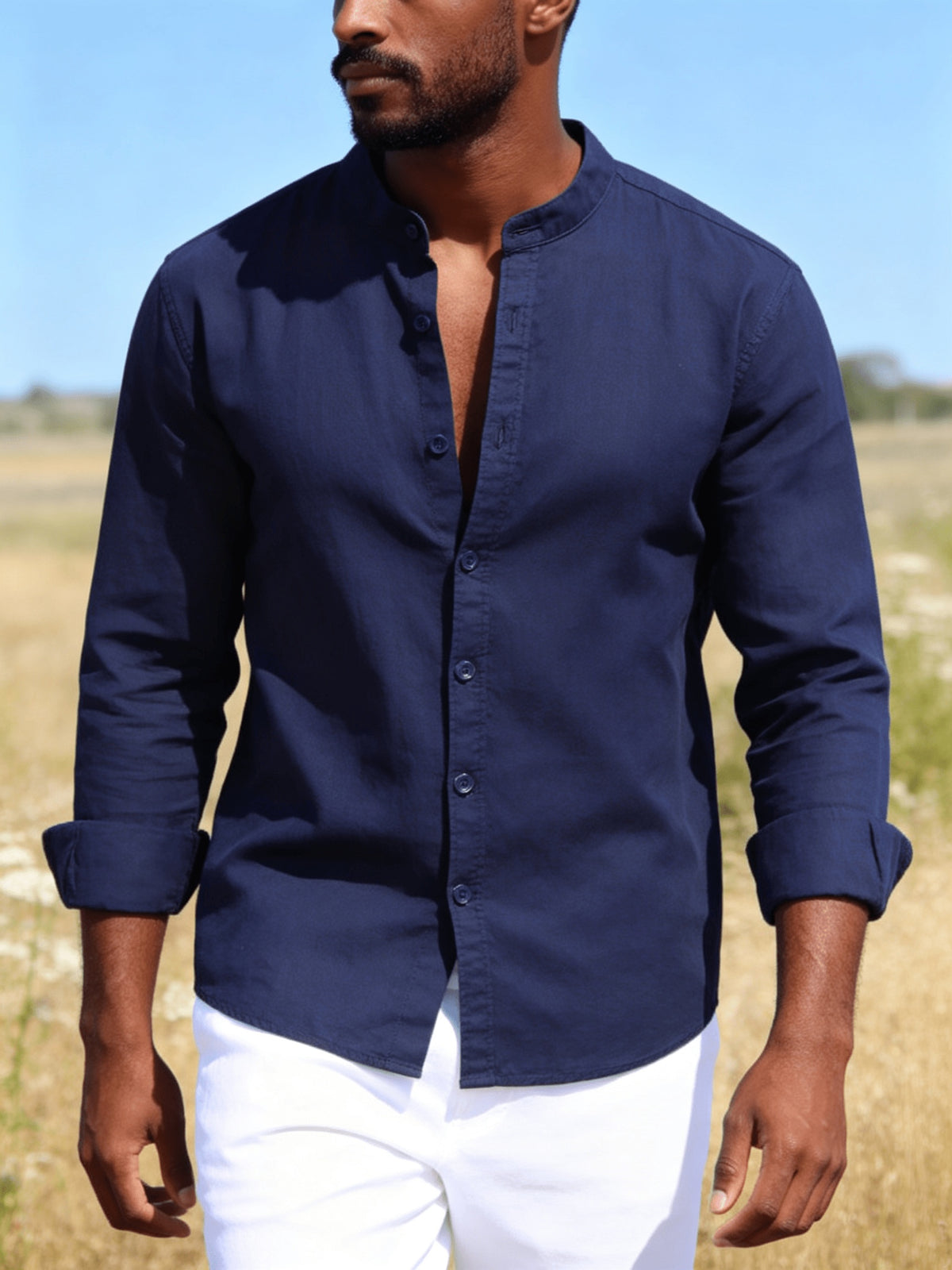 26-Year-Old Men'S New Small Stand-Up Collar Long-Sleeve Shirt, Classic Solid Colors And Multi-Colors Available. Soft, Breathable, Loose Fit for Men, Versatile Shirt for Daily Leisure - Navy Color